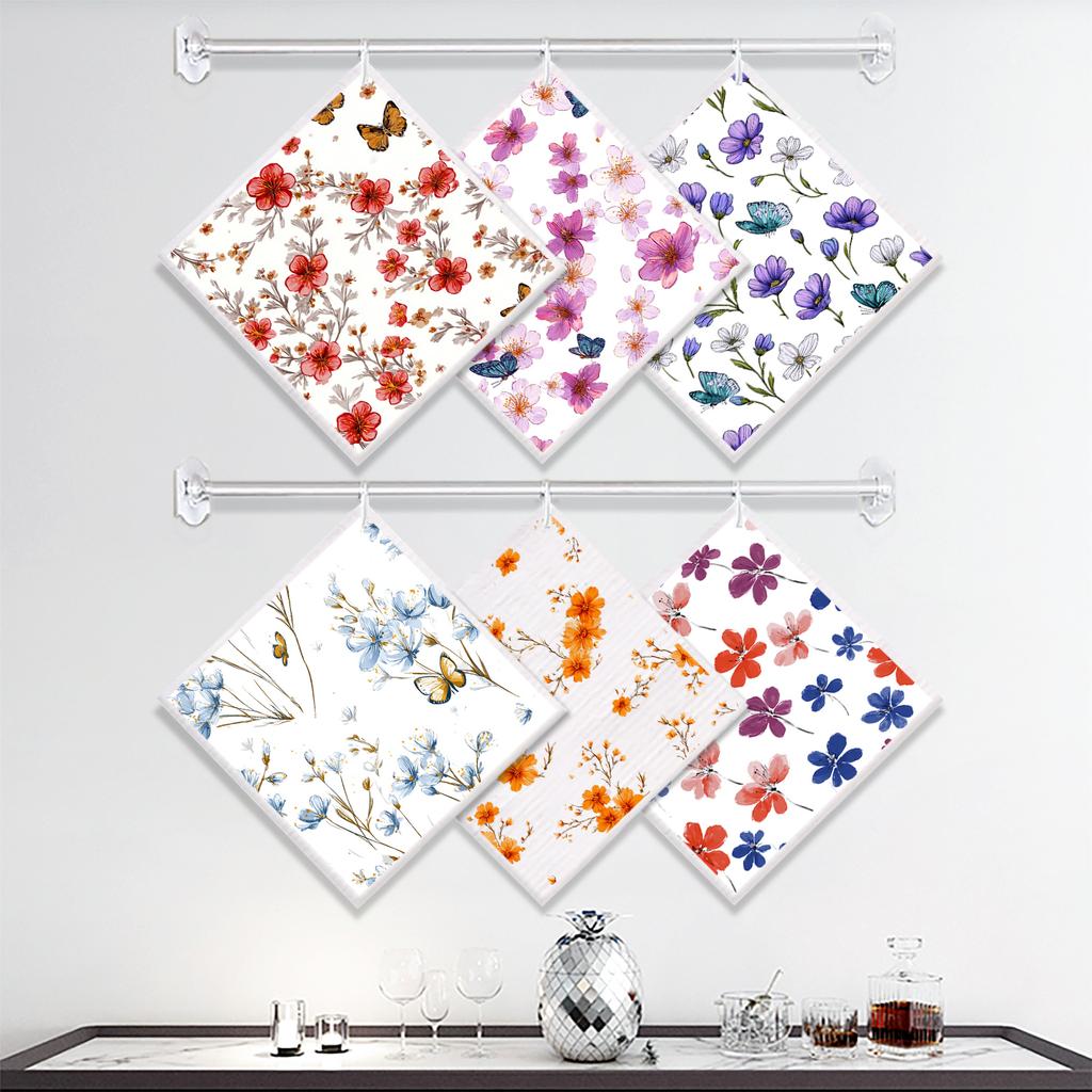 Cleaning Cloth Reusable Kitchen Dish Towels Eco-friendly Microfiber Colorful Floral Pattern Dishcloths Lint Free Washable Duster Rags Tea Towels