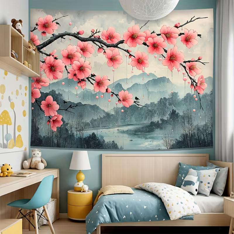 2D Watercolor Peach Blossom Landscape Wall Hanging Tapestry