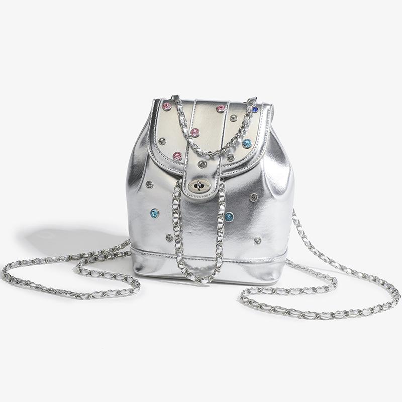 Chain Bag Women's Fashion Diamond Backpack Color Diamond Chain Backpack Large Capacity Bucket Backpack