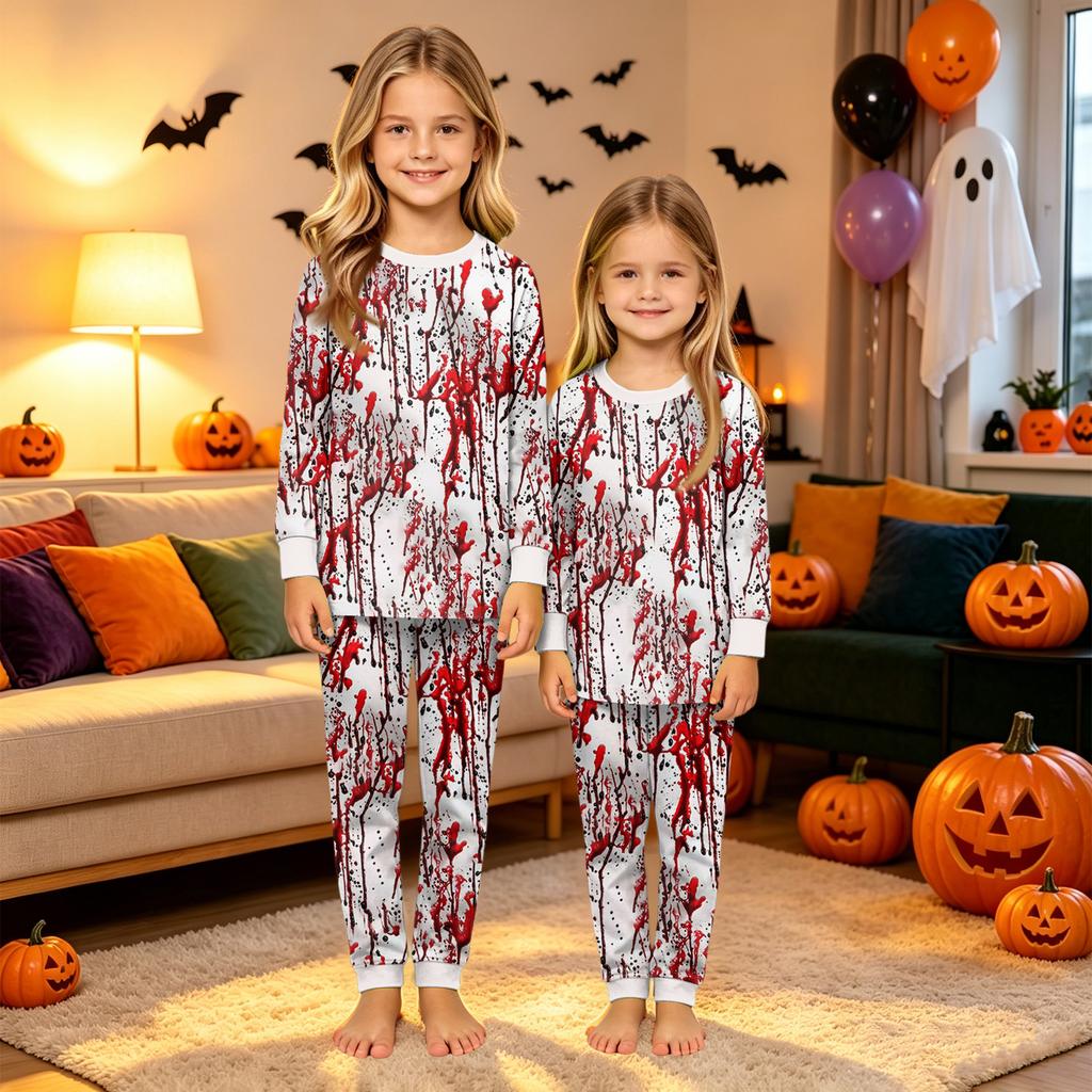 Family Matching Halloween Print Loungewear Set with Long Sleeve Top and Pants for Couples and Kids