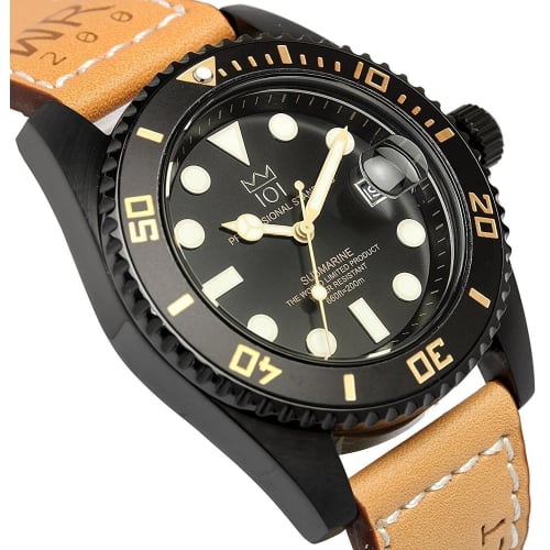 HYAKUICHI 101 No.2 Men's Quartz Dive Watch, Water Resistant to 20 ATM, Unidirectional Rotating Bezel, Leather Strap