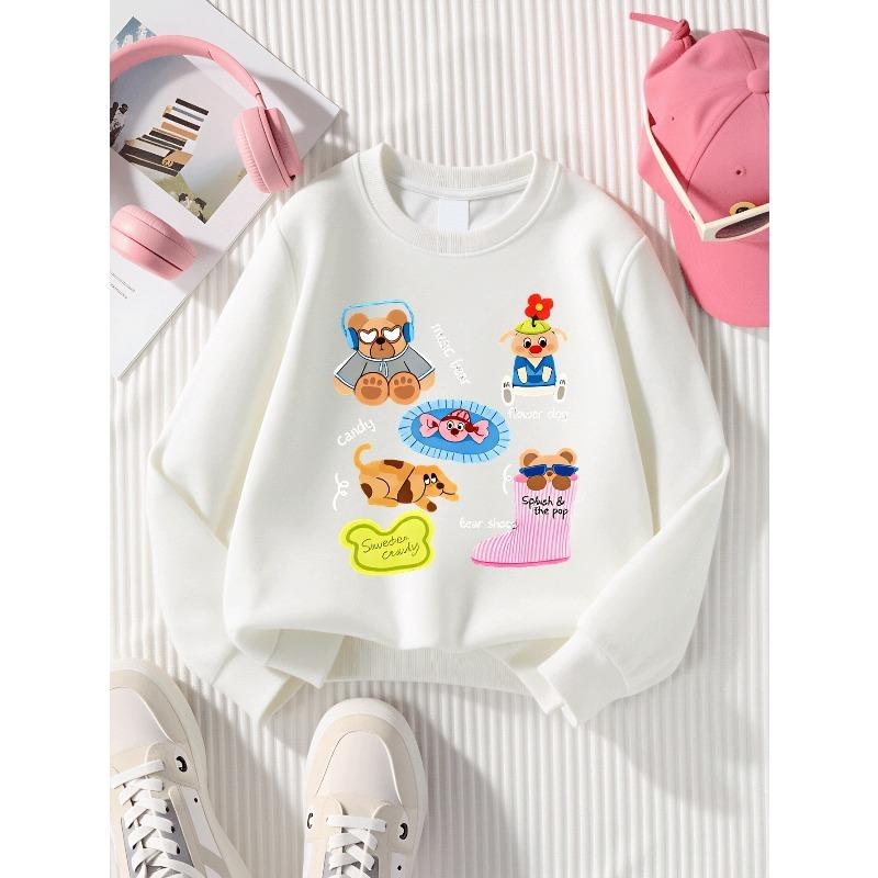 European Sizes Girls Soft Crewneck Sweatshirt Cute Animal Characters with Fun Accessories & Print, Casual All-Match, Ideal Holiday Present