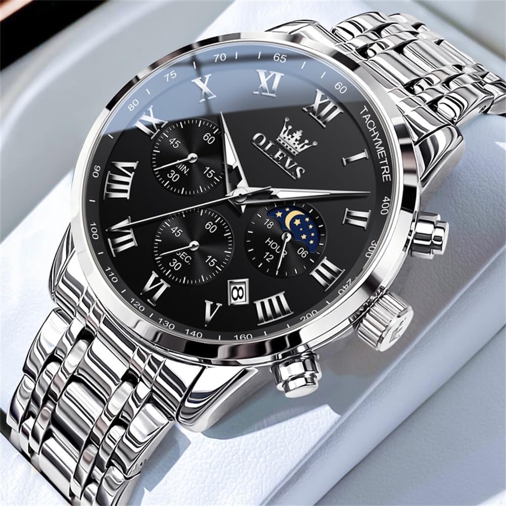 OLEVS Men's Quartz Watch Water-Resistant, Date Display, Luminous Hands, Stainless Steel Band, Black