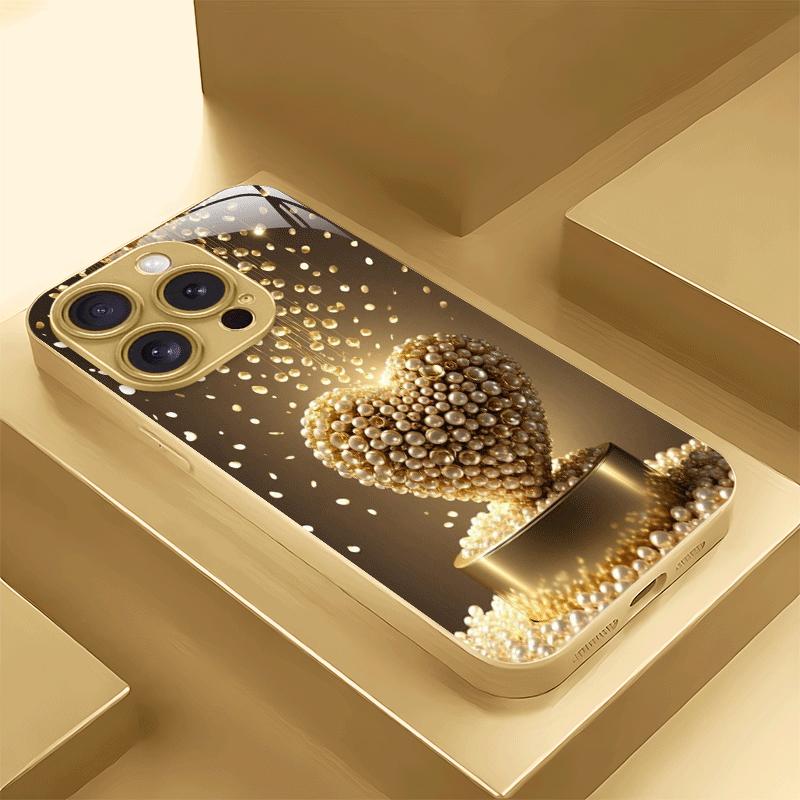 Golden All-Over Pattern Metallic Paint Golden Glass Phone Case for iPhone 16 15 14 13 Pro Max 12promax 11