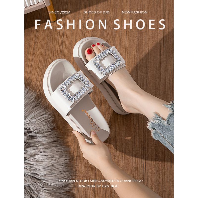 5cm thick-bottomed cool slippers fashionable rhinestone one-word muffin bottom non-slip flat bottom summer new versatile vacation style