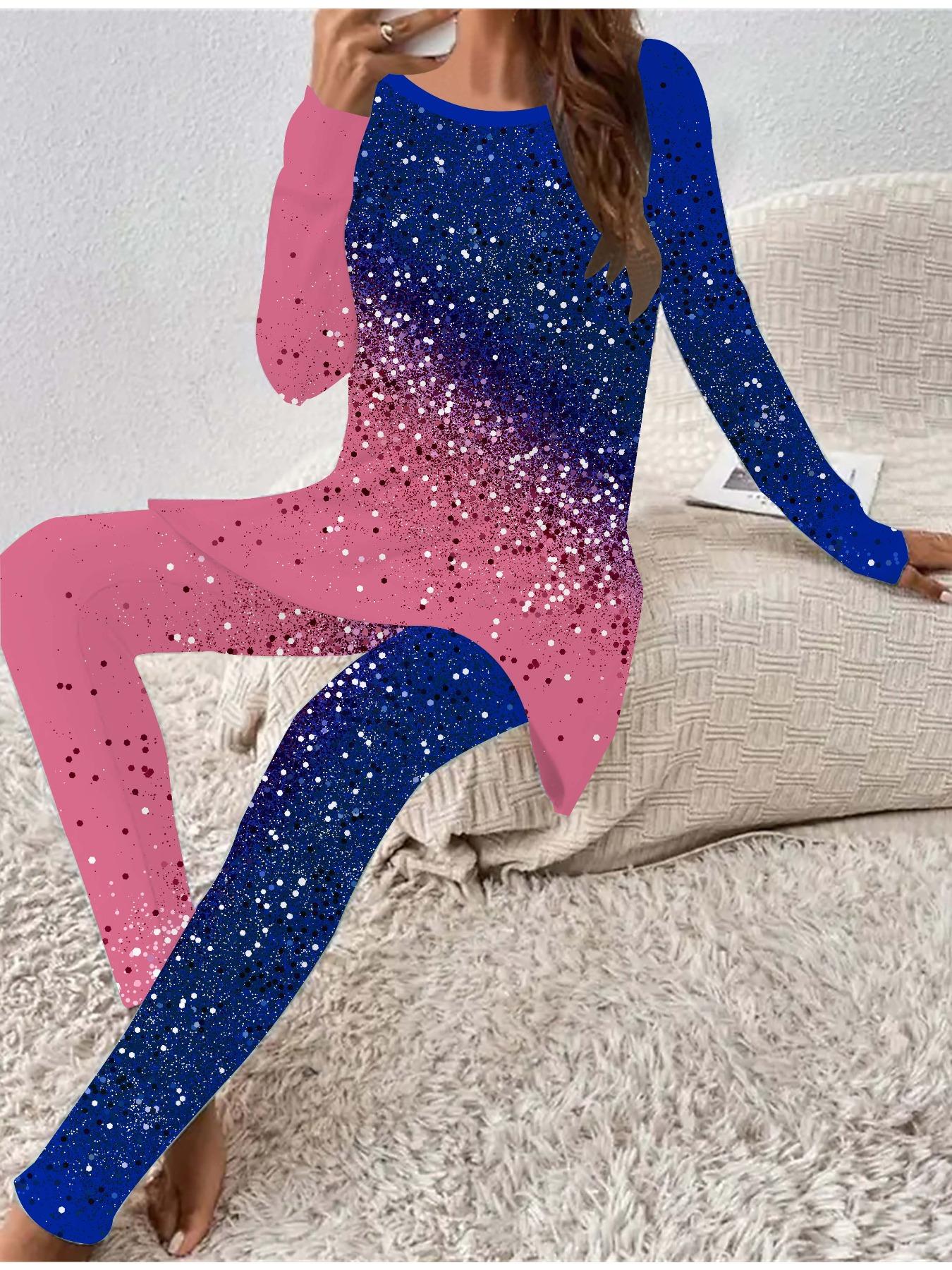 

Euro-American Fashion 3D Glitter Printed Women s Four-season Long-sleeved T-shirt + Long Pants Two-piece Set. Perfect Gift for New Year & Christmas 8XL темно-синього кольору