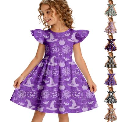 Girls Halloween Casual Dress Ruffle Sleeve Round Neck Dress Lightweight Comfortable Fit for Everyday Wear and Party