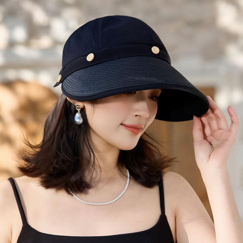 Women's Wide Brim Sun Hat, UPF UV Protection Outdoor Fishing Cap, Solid Color Bucket Hat with Adjustable Drawstring, Foldable Ponytail Beach Visor