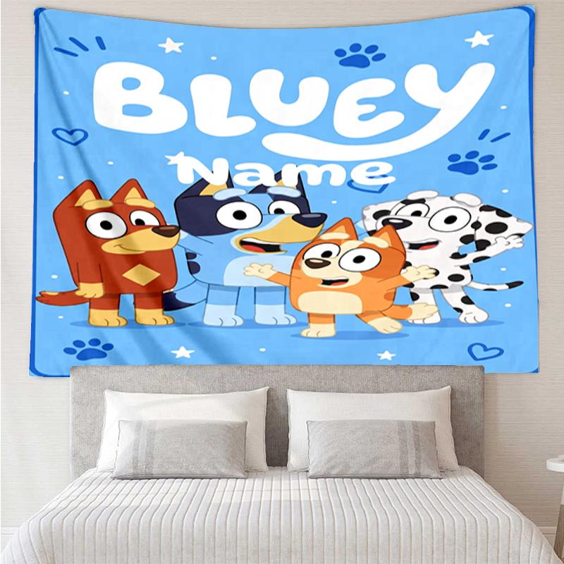 Custom Name Bluey Print Tapestry, Backdrop, Easy Setup, Ideal for Bedroom, Office & Living Room, with Aesthetic Wall Hanging Decor.