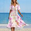 Women's Summer Fashion V-Neck Flared Dress Short Sleeve Floral Dresses