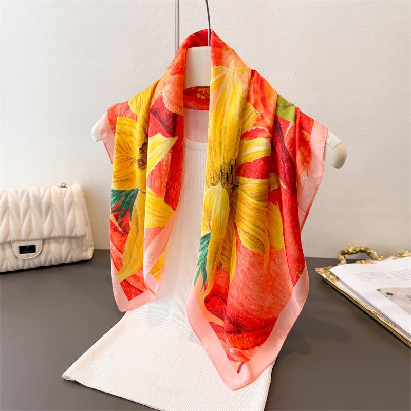 New Floral Print Square Silk Scarf For Women Headscarves Summer Foulard Bandana Hijab Headscarf Neck Tie Soft Neckerchief
