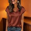 Women Tops Loose Fit Summer Blouse V-Neck Short Sleeve Smooth Satin Soft Stretchy Pullover