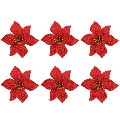 6 Stück Weihnachtsbaumblüten-Dekoration Kleine künstliche Kunststoffblumen DIY Glitzernde Feiertags-Hochzeitsdekoration Künstlicher Girlande