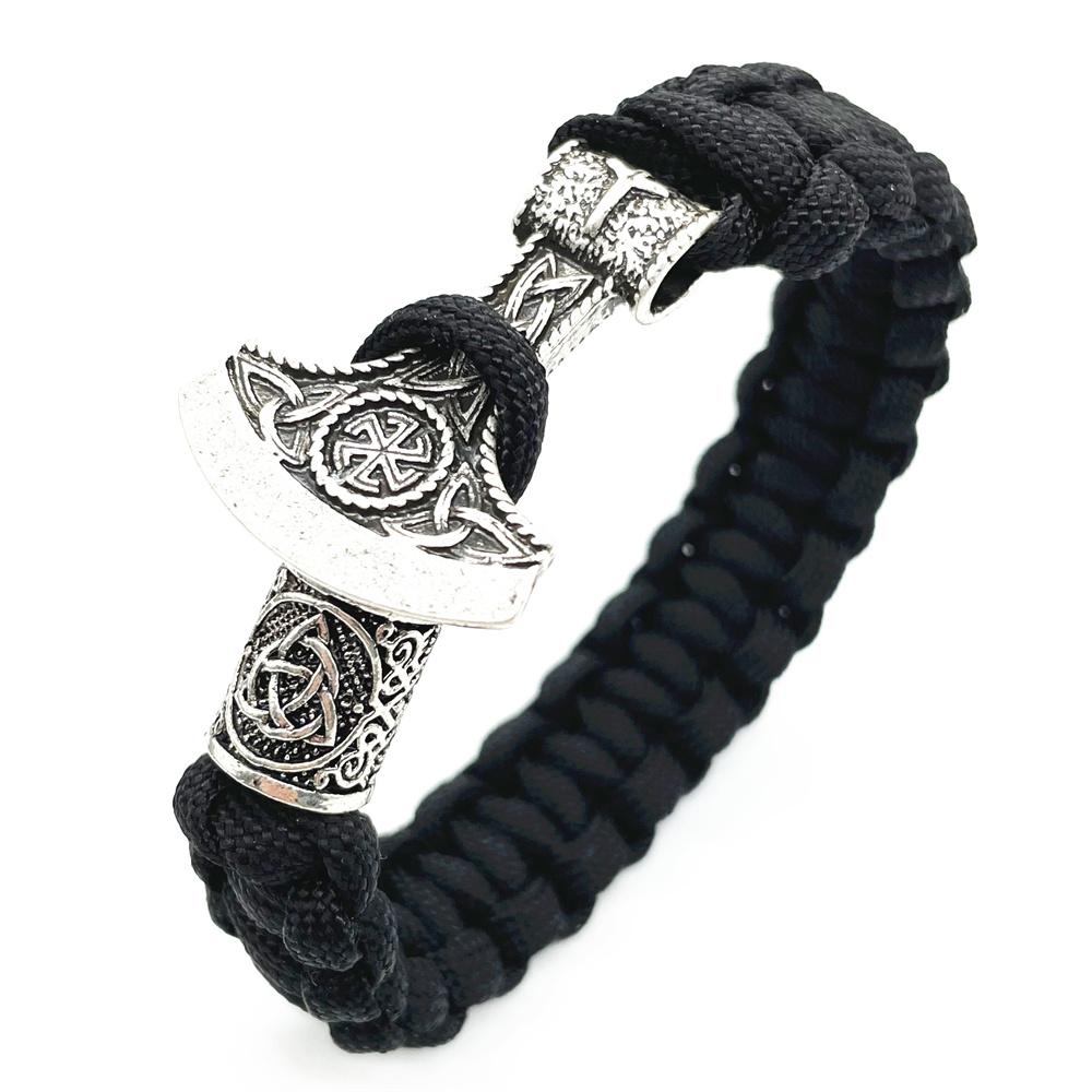 Slavic Perun Axe Charm Kolovrat Amulet Viking Runes Beads Mens Vikingos Bracelet Jewelry