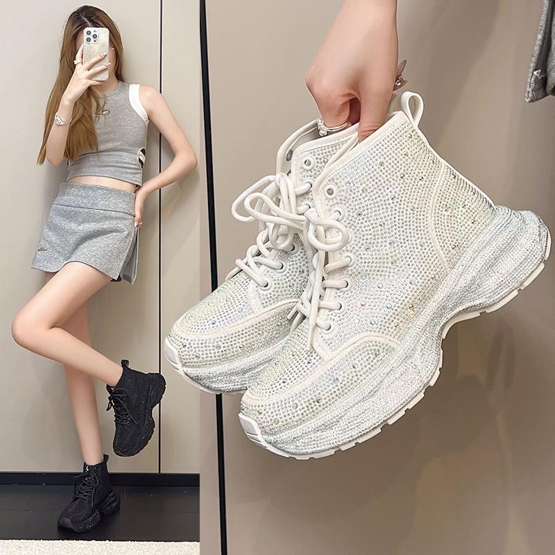 Fashion Fashion Sneakers Autumn New Round Toe Lace-Up Front Platform Non-Slip Wear-Resistant Rhinestone Single Shoes