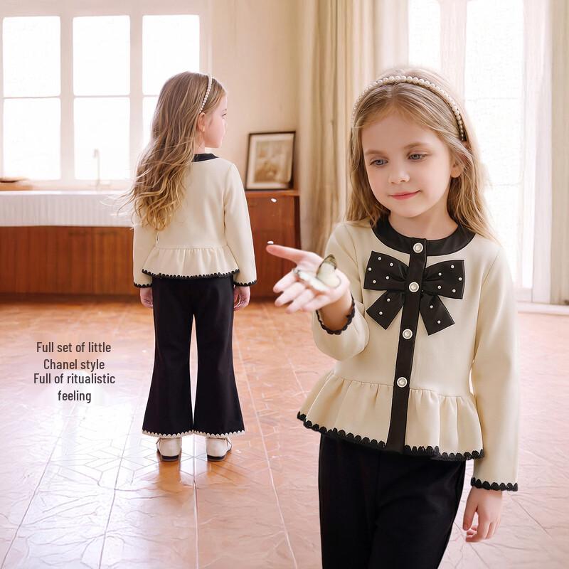 JELLYBABY Girls' Pearl Bow Lace Trim Camping Two-Piece Set