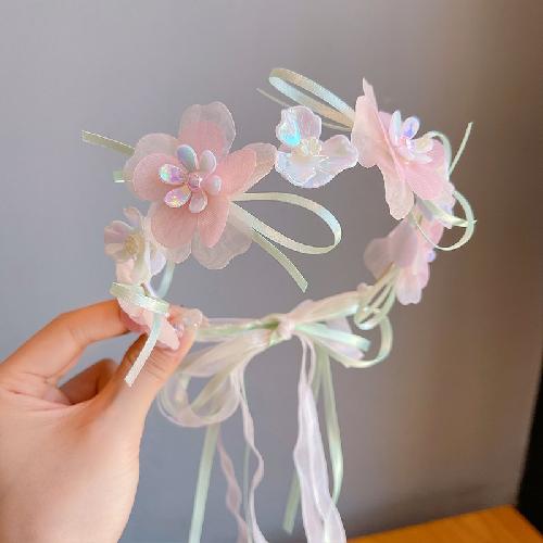 Children's Crown Flower Lace Headwear Cute Princess Garland Pearl Ribbon Hair Clasp Wedding Flower Girls Hair Accessories