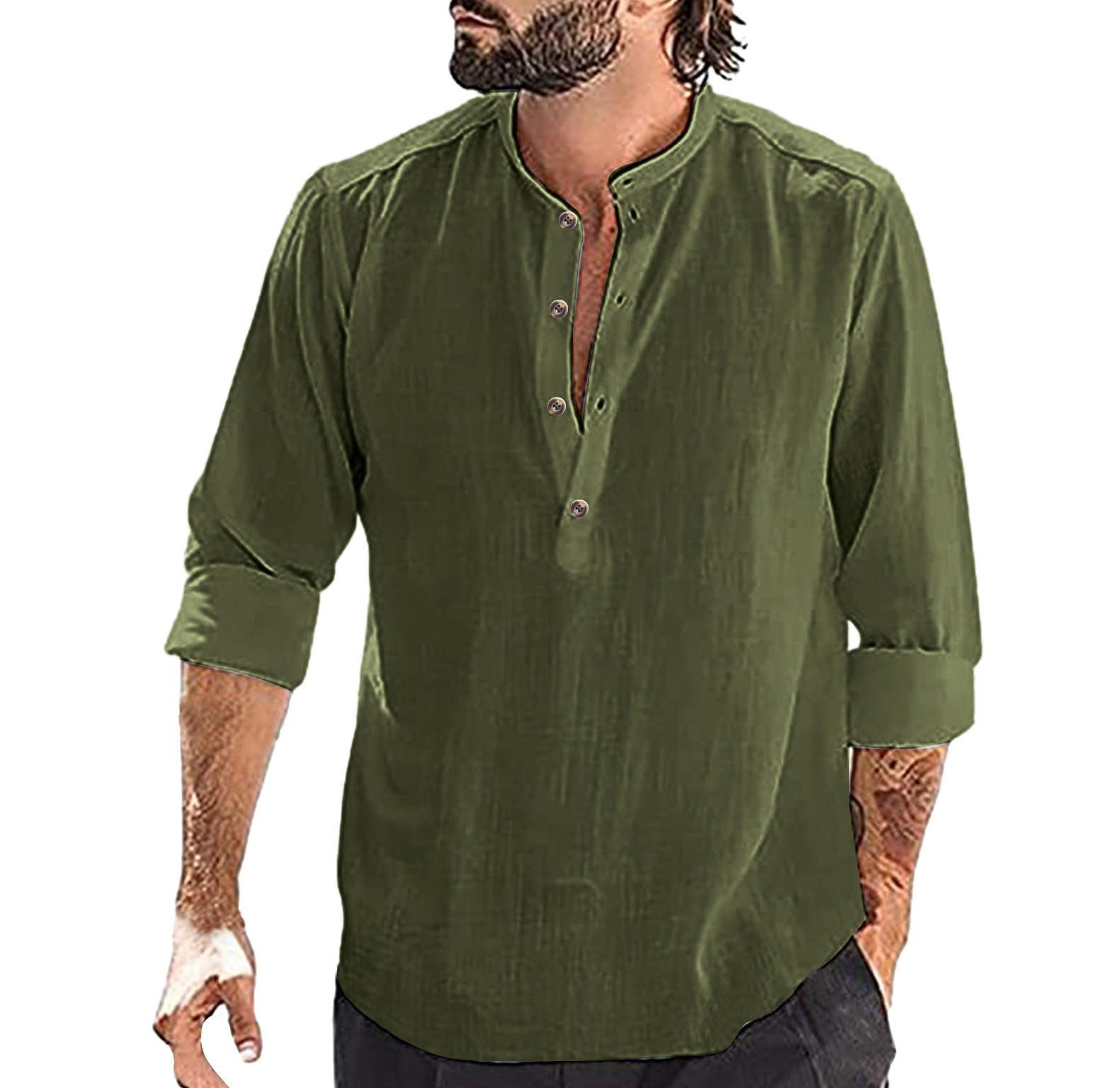 

Дизайнерские весенне-летние мужские повседневные рубашки из хлопка и льна, однотонные рубашки с длинными рукавами, свободные рубашки с воротником-стойкой M зелёный
