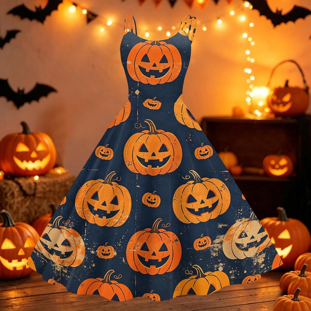 Womens Halloween Print Off Shoulder Punk Vintage Dress Sleeveless Spaghetti Strap Retro Style Midi Dress