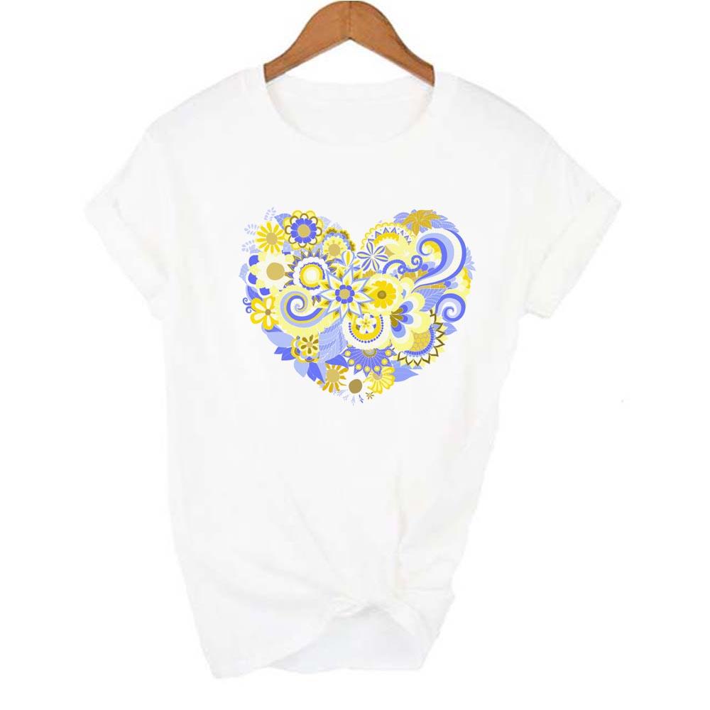 Cool Women T Shirt Heart Flowers Love Casual Shirts Yellow Blue Floral Heart Camisas Mujer Female 4XL