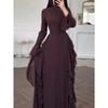 Abito Casual Elegante da Donna Europeo Americano a Vita Alta Monocolore con Maniche a Campana Abito Lungo Maniche Lunghe