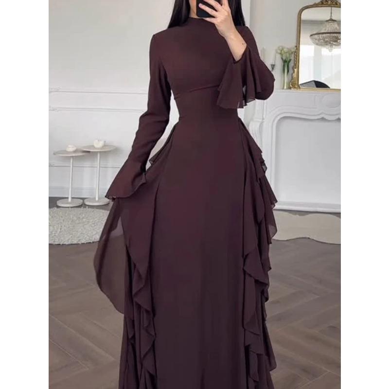 Abito Casual Elegante da Donna Europeo Americano a Vita Alta Monocolore con Maniche a Campana Abito Lungo Maniche Lunghe