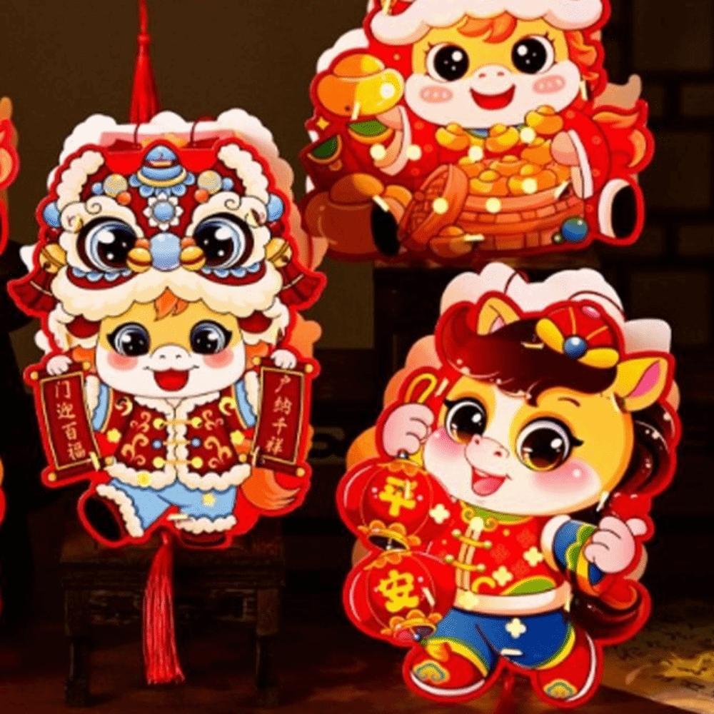 Cartoon Chinese New Year Lanterns Paper Traditional DIY Handheld Lantern Zodiac Horse Blessing Spring Festival Lantern