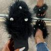 Fashion Summer Fluffy Fur Platform Flip Flops for Women Fashion Pearl Decor Wedges Sandals Woman Thick Sole Non Slip Outdoor Slippers