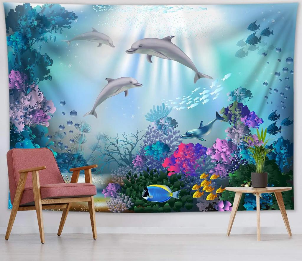 Ocean Dolphin Tapestry Underwater World Tapestry Marine Life Tapestry Wall Hanging For Kids Teen Bedroom Dorm Living Room Decor