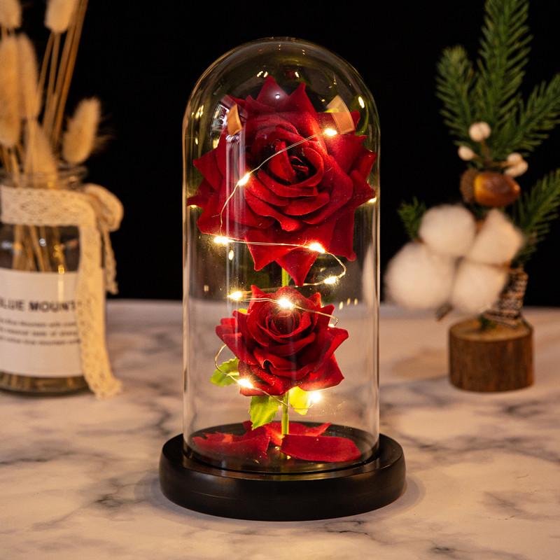 Two roses glass cover ornament Christmas Valentine's Day birthday gift LED light simulation eternal flower