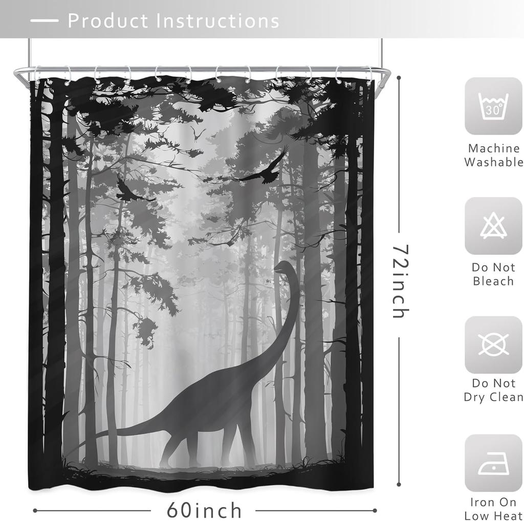 Dinosaur Shower Curtain Brachiosaurus Forest Silhouette Black White Design Nature Art Prehistoric Theme Bath Decor Waterproof