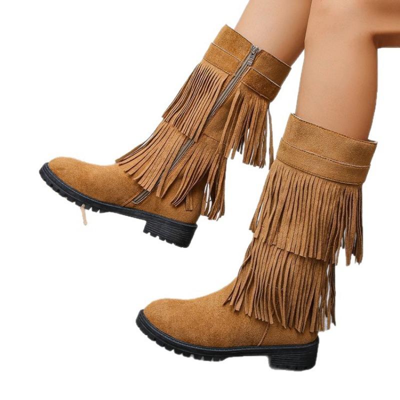 Autumn new multi-layer fringed boots low heel casual boots high boots-4 large size boots