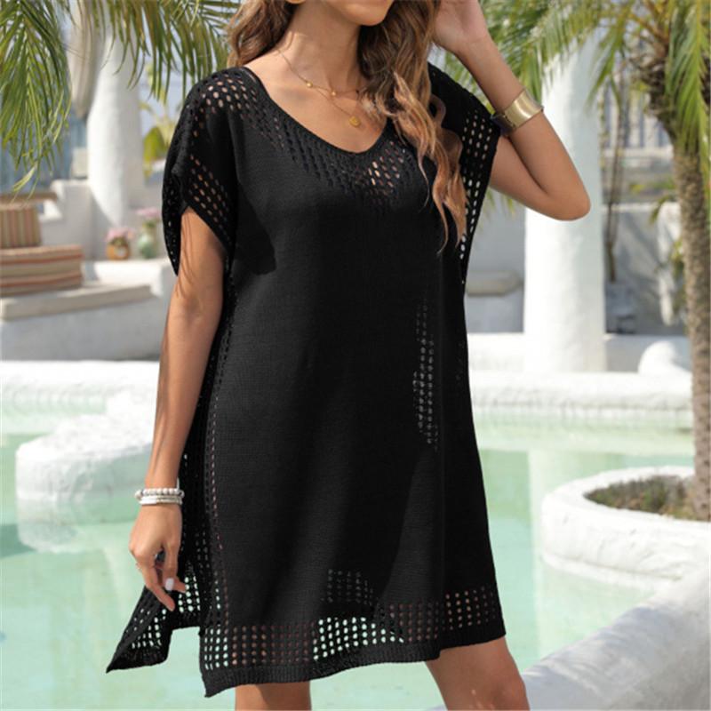 Summer V-Neck Hollow Out Splice Loose Women's Dress Beach Vacation Fairy Tale Beach Skirt