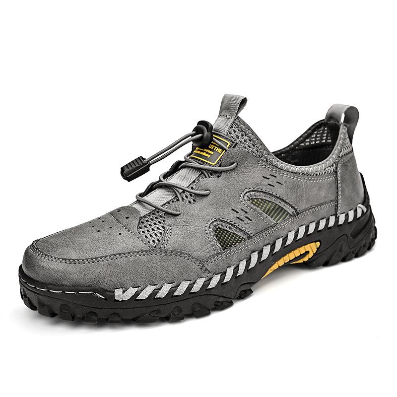 Men s Breathable Hand-Stitched Leather Beach Shoes, Elastic Band, Summer Casual, Large Size, Outdoor Mesh Design. 46