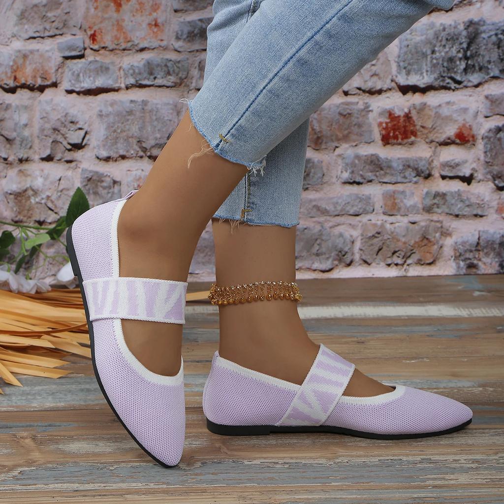 Modische Ballerinas Damen Frühling Herbst Lässig Strick Slip-on Niedrige Absätze Spitzschuhe für Frauen Freizeitschuhe Frau Übergröße
