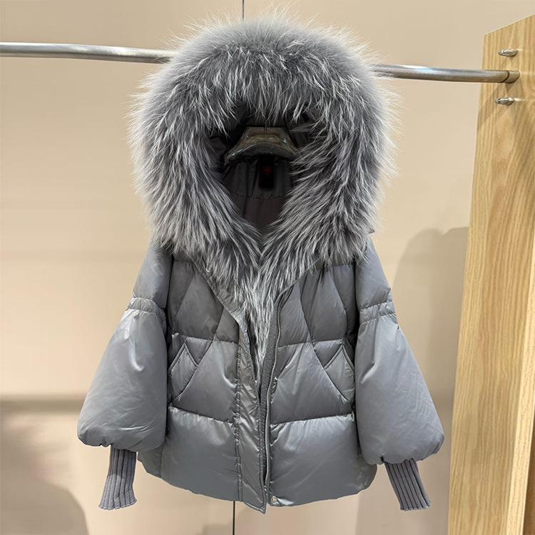 Winter New Raccoon Big Fur Collar Hooded Goose Down Jacket Women's Short Loose Thickened Knitted Sleeve Jacket