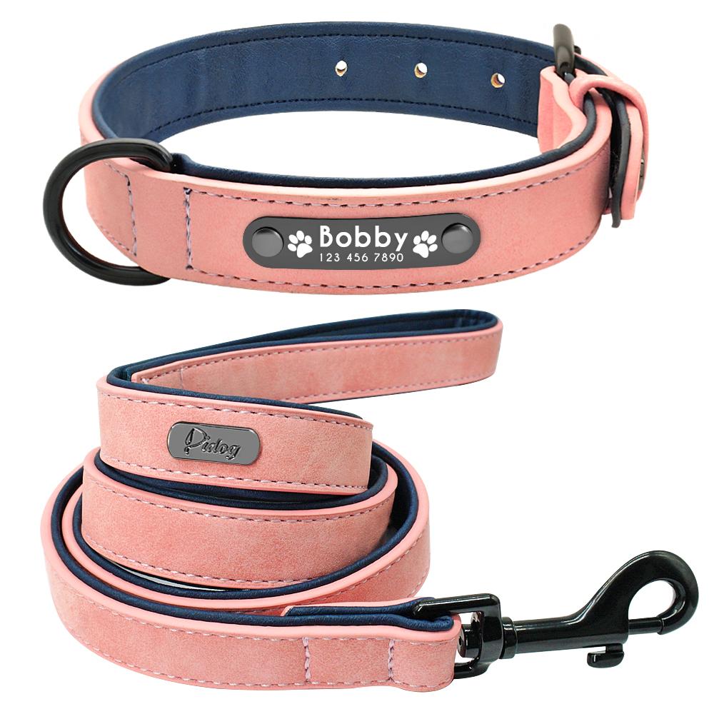 Personalized Dog Collar and Leash Leather Padded Customized Engraved Dogs Collars Lead Rope Set Bulldog Pitbull