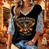 Women's V-Neck Casual Three-Quarter Sleeve Halloween Print Top
