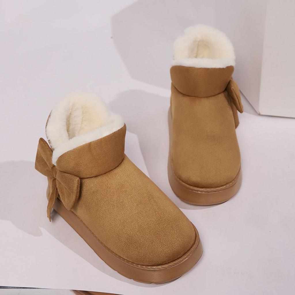 Cozy Plush-Lined Winter Snow Boots for Men and Women - Elegant Bow Detail, Soft Sole, Indoor/Outdoor Fashion Slippers
