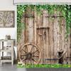 Rustic Farmhouse Country Barn Door Shower Curtain for Bathroom,Wood Board Plank Country Vintage Green Leaves Garage Cabin Decor