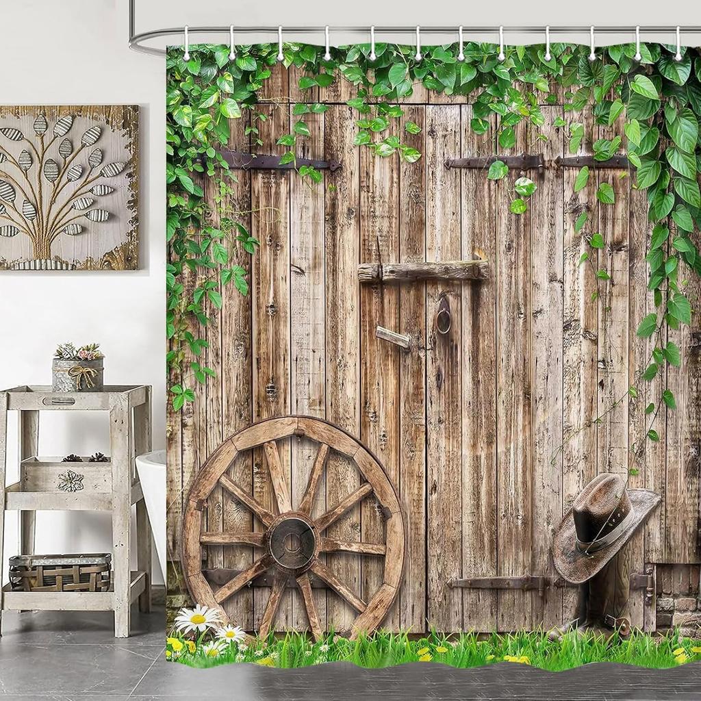 Rustic Farmhouse Country Barn Door Shower Curtain for Bathroom,Wood Board Plank Country Vintage Green Leaves Garage Cabin Decor