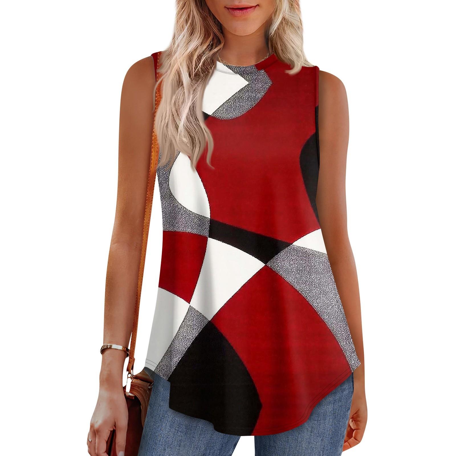 

Женская мода повседневный безрукавка жилет винтажный принт круглый вырез без рукавов топ XL винный