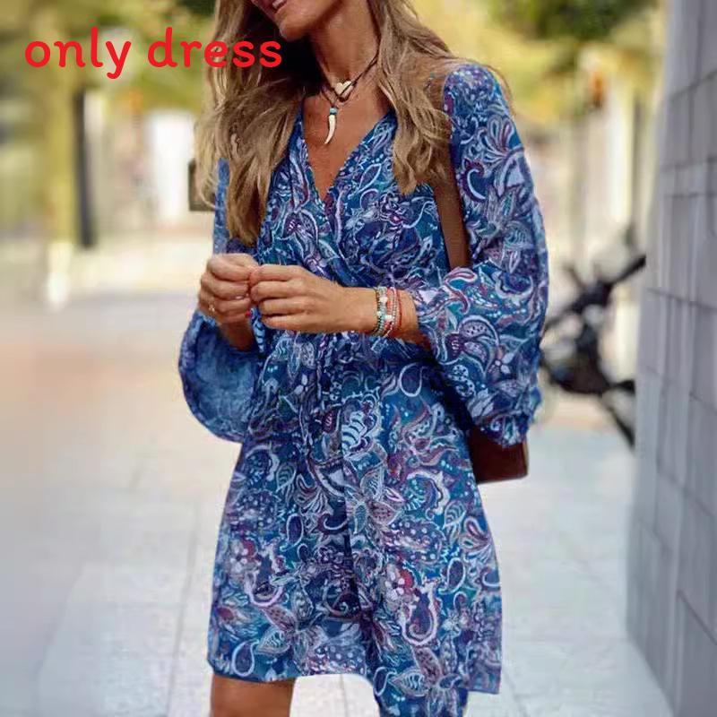 Summer Floral Print Polyester A Line Dress With V Neck And Mid Waist For Casual Wear