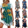 Women's Short Sleeve Floral Print Casual Dress Round Neck Waist Tie with Pockets Lightweight Summer Dress