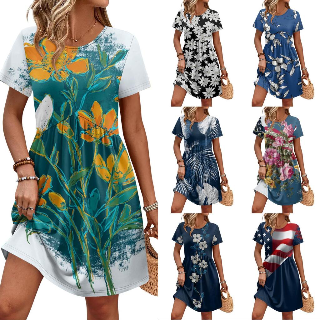 Women's Short Sleeve Floral Print Casual Dress Round Neck Waist Tie with Pockets Lightweight Summer Dress