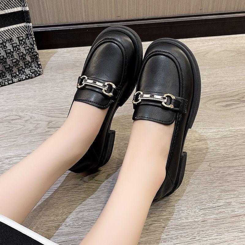 British Style Round Head Platform Small Leather Shoes Women's 2024 Spring New Metal Buckle Retro Versatile Thick Heel Loafers Women