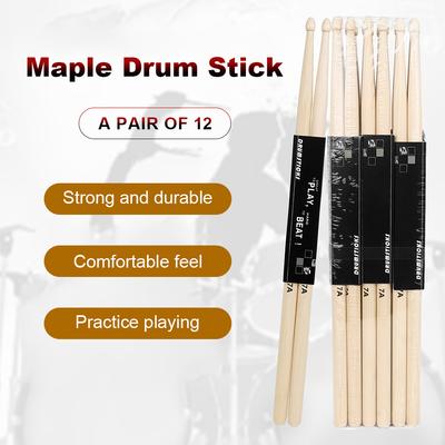 12 Pairs Wooden Drumsticks Professional Drum Sticks Set Comfortable Grip for Beginners Percussion Instruments Accessories