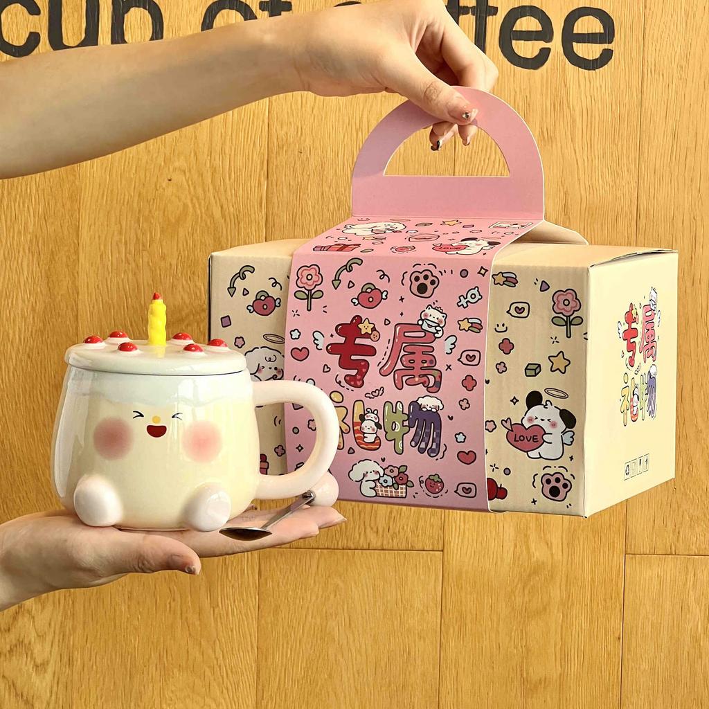 Giving A Girl's Birthday Gift with A Good Looks and Cute Candle Ceramic Mug with A Lid Spoon Best Friend's Souvenir Gift Box