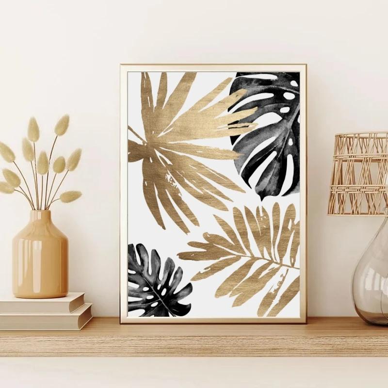 Nordic Black and Gold Flowers Poster, Wall Art, Canvas Painting, Modern Home Decor, Print Pictures for Living Room Decoration