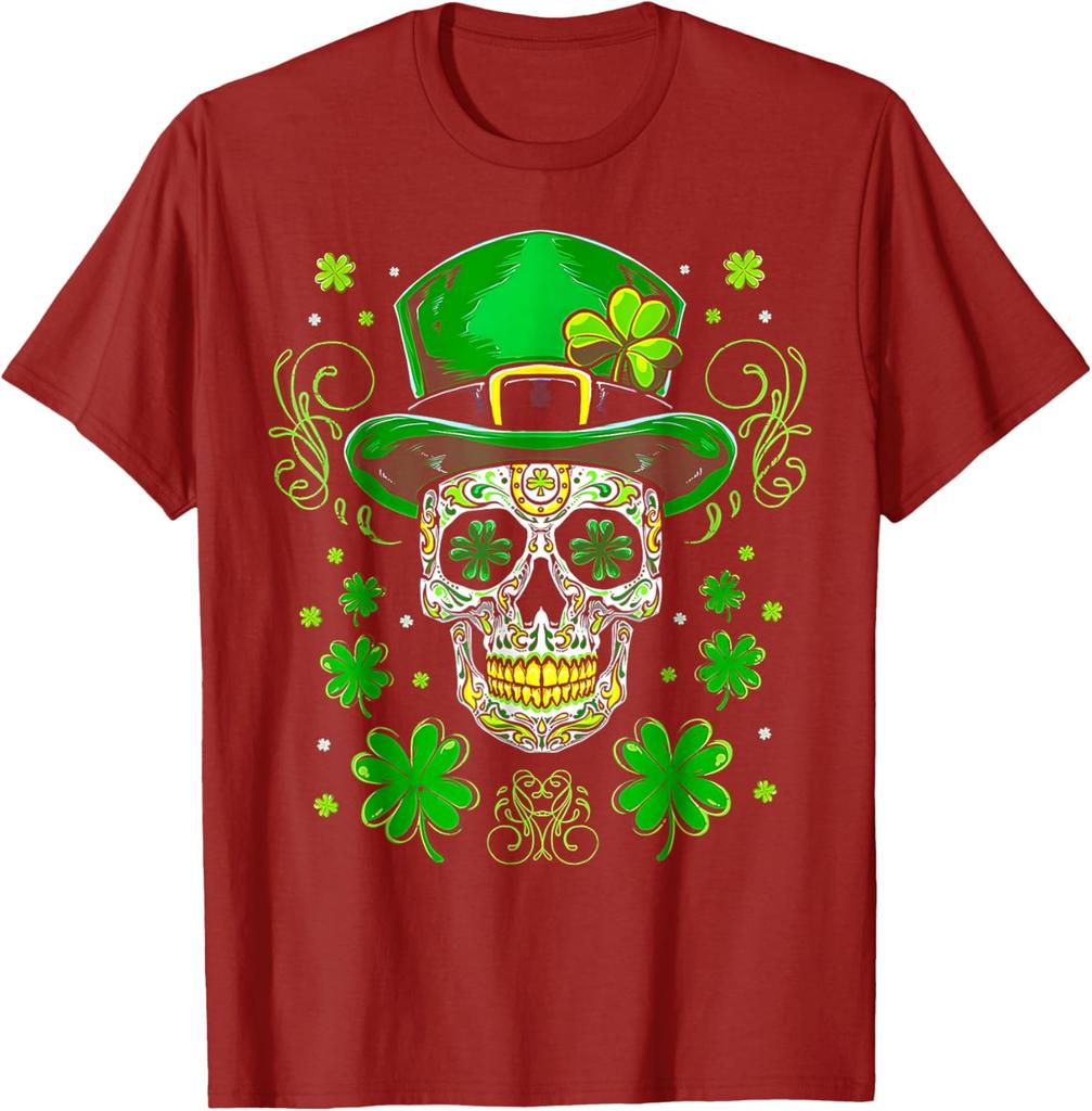 Sugar Skull Leprechaun Hat St Patrick Day Graphic Tee Cotton Short Sleeve Casual T-Shirt for Men
